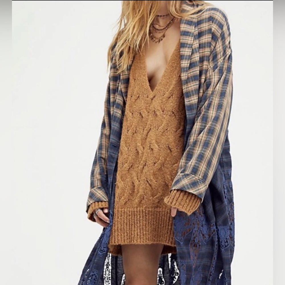 Free People June Cable Oversized Alpaca Pullover Brown Plunging V Neck Sweater